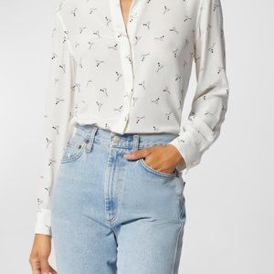 Martini Print 100% Silk Blouse - Equipment long sleeve silk shirt, size medium